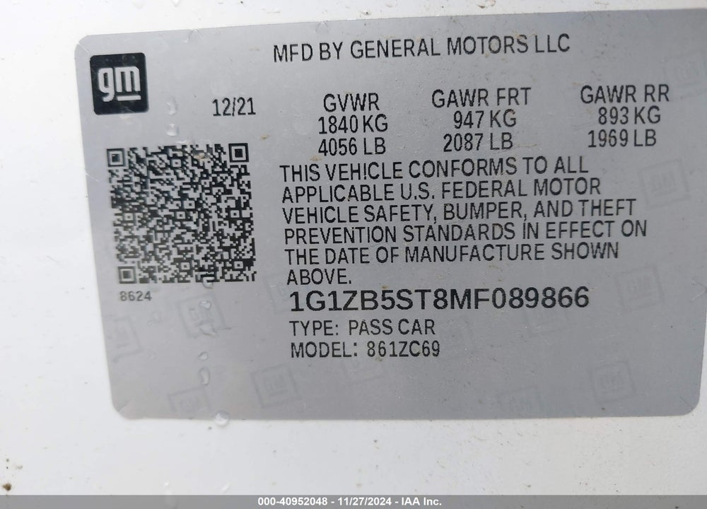 2021 CHEVROLET MALIBU VIN: 1G1ZB5ST8MF089866