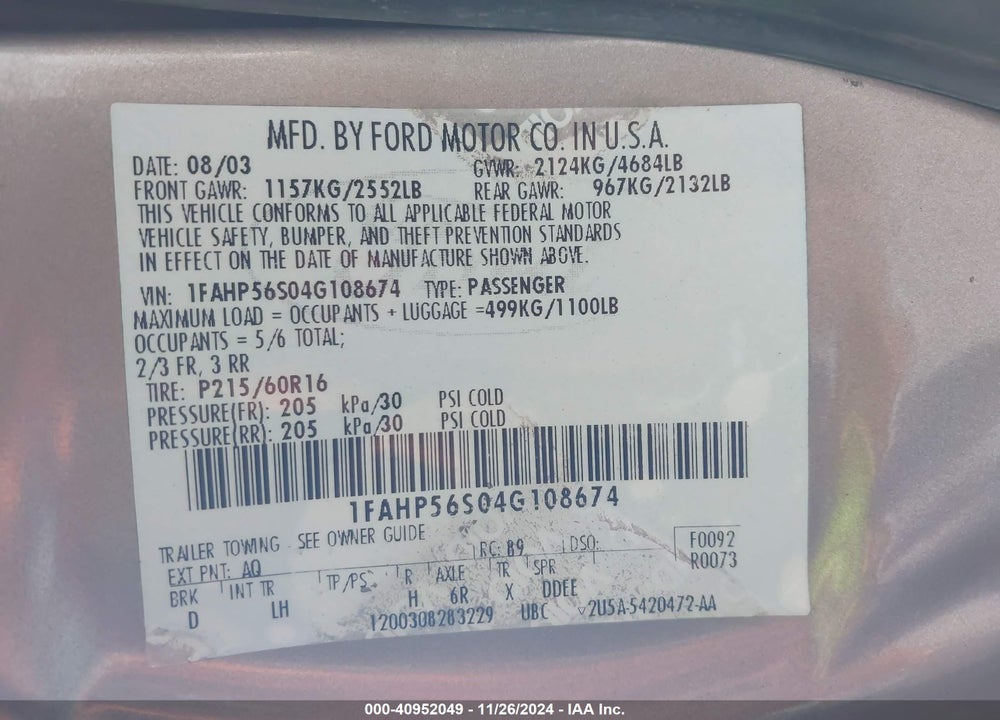 2004 FORD TAURUS SEL VIN: 1FAHP56S04G108674