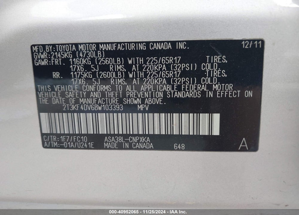 2011 TOYOTA RAV4 VIN: 2T3KF4DV6BW103393