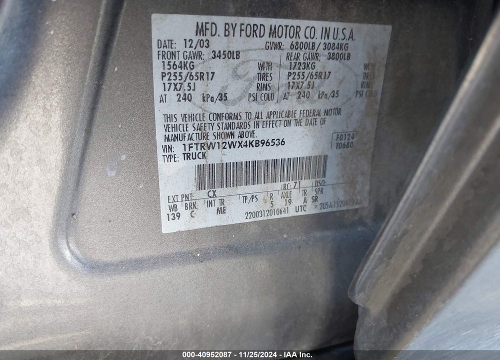 2004 FORD F-150 XLT VIN: 1FTRW12WX4KB96536