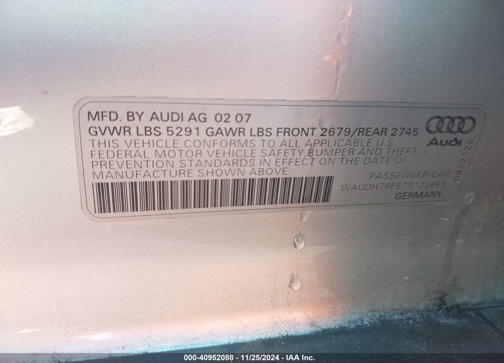 2007 AUDI A6 3.2 VIN: WAUDH74F57N122669