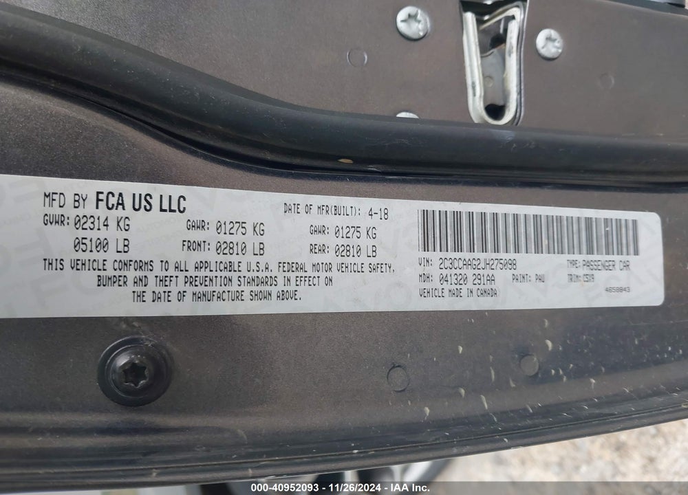 2018 CHRYSLER 300 TOURING VIN: 2C3CCAAG2JH275098