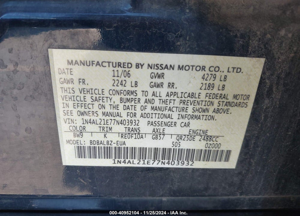 2007 NISSAN ALTIMA 2.5 S VIN: 1N4AL21E77N403932