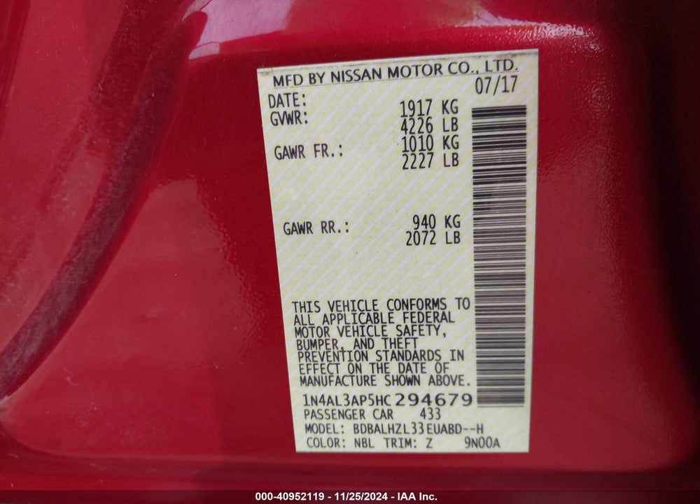 2017 NISSAN ALTIMA 2.5 SR VIN: 1N4AL3AP5HC294679
