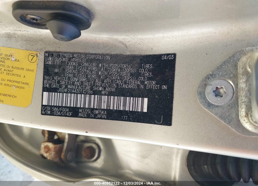 2003 TOYOTA HIGHLANDER V6 VIN: JTEHF21A430142386