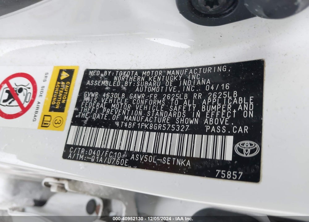 2016 TOYOTA CAMRY LE VIN: 4T4BF1FK8GR575327