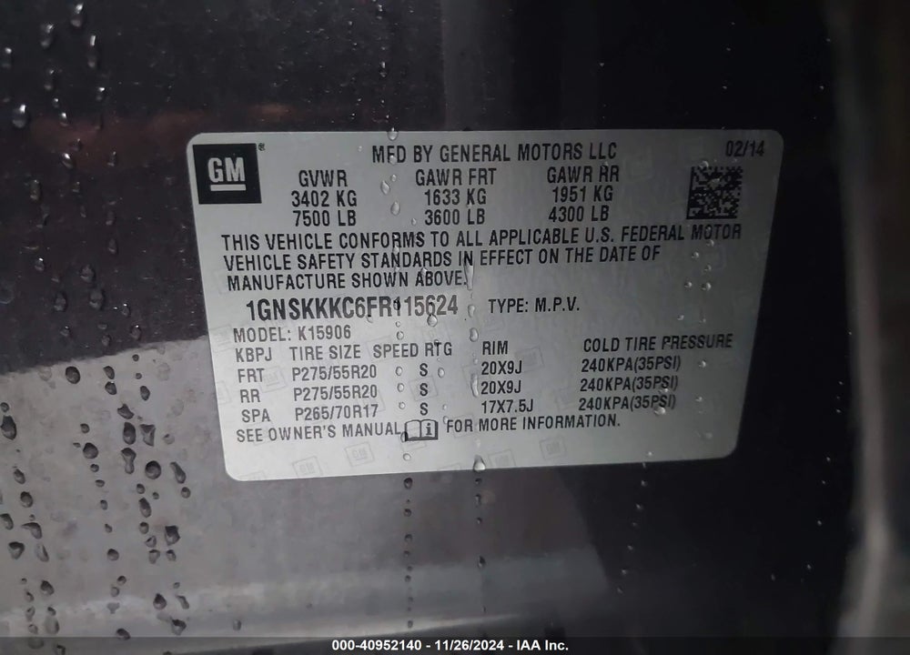 2015 CHEVROLET SUBURBAN 1500 LTZ VIN: 1GNSKKKC6FR115624
