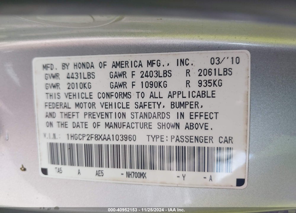 2010 HONDA ACCORD 2.4 EX-L VIN: 1HGCP2F8XAA103960