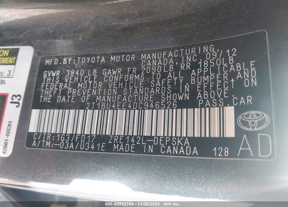 2013 TOYOTA COROLLA S VIN: 2T1BU4EE4DC946526