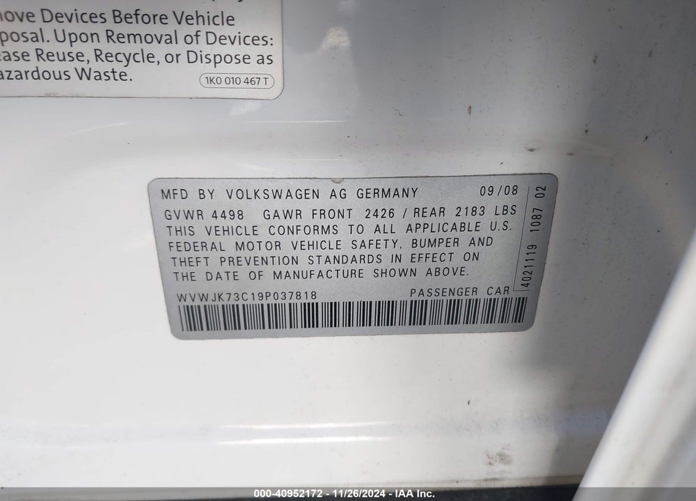 2009 VOLKSWAGEN PASSAT KOMFORT VIN: WVWJK73C19P037818