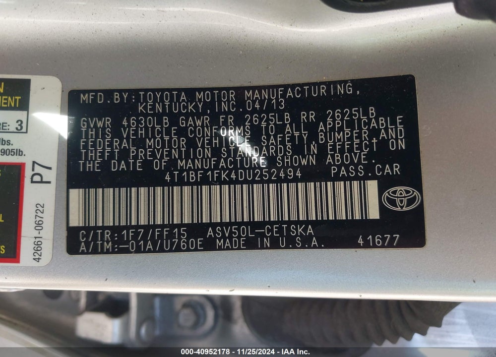 2013 TOYOTA CAMRY SE VIN: 4T1BF1FK4DU252494