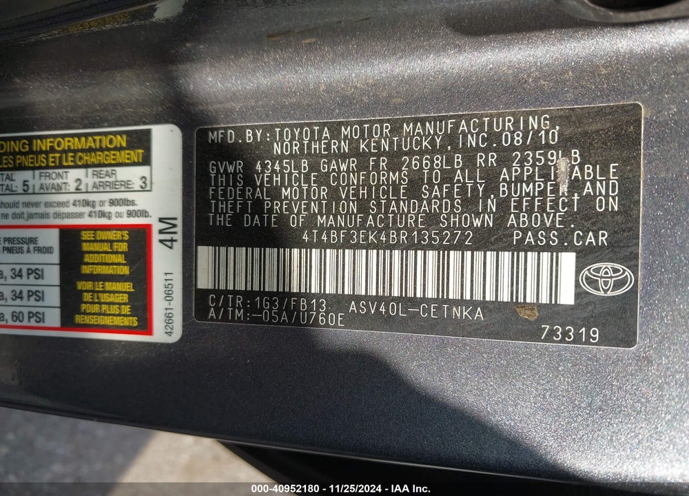 2011 TOYOTA CAMRY LE VIN: 4T4BF3EK4BR135272