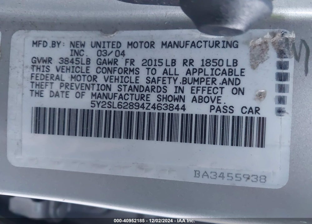 2004 PONTIAC VIBE VIN: 5Y2SL62894Z463844