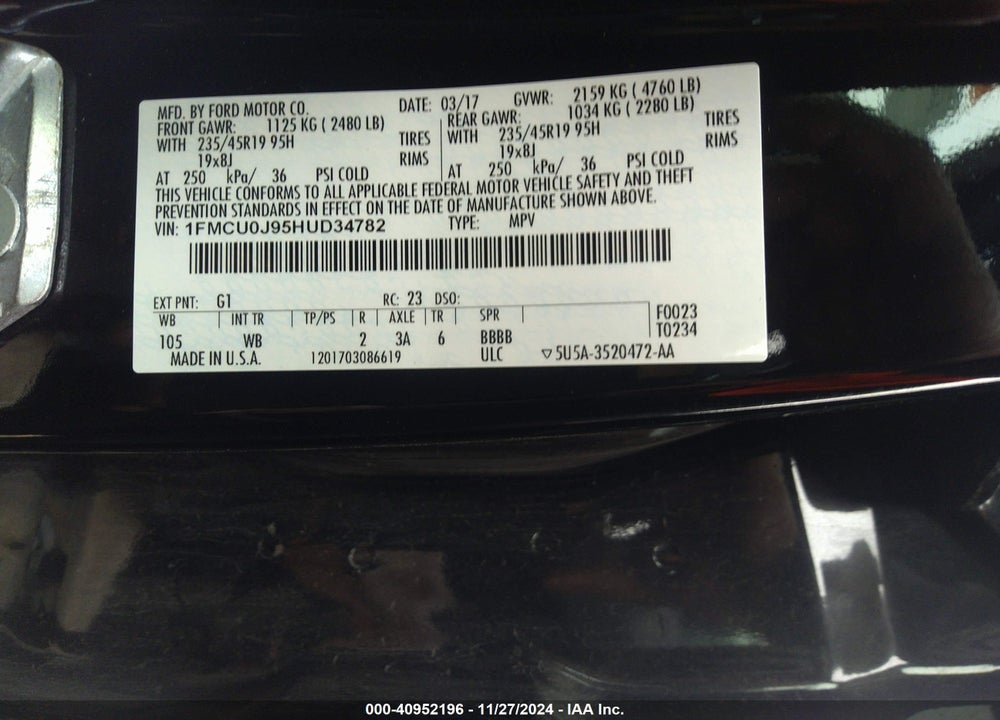 2017 FORD ESCAPE TITANIUM VIN: 1FMCU0J95HUD34782