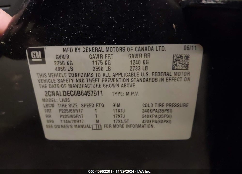 2011 CHEVROLET EQUINOX VIN: 2CNALDEC6B6457911