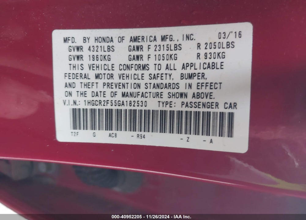 2016 HONDA ACCORD SPORT VIN: 1HGCR2F55GA182530