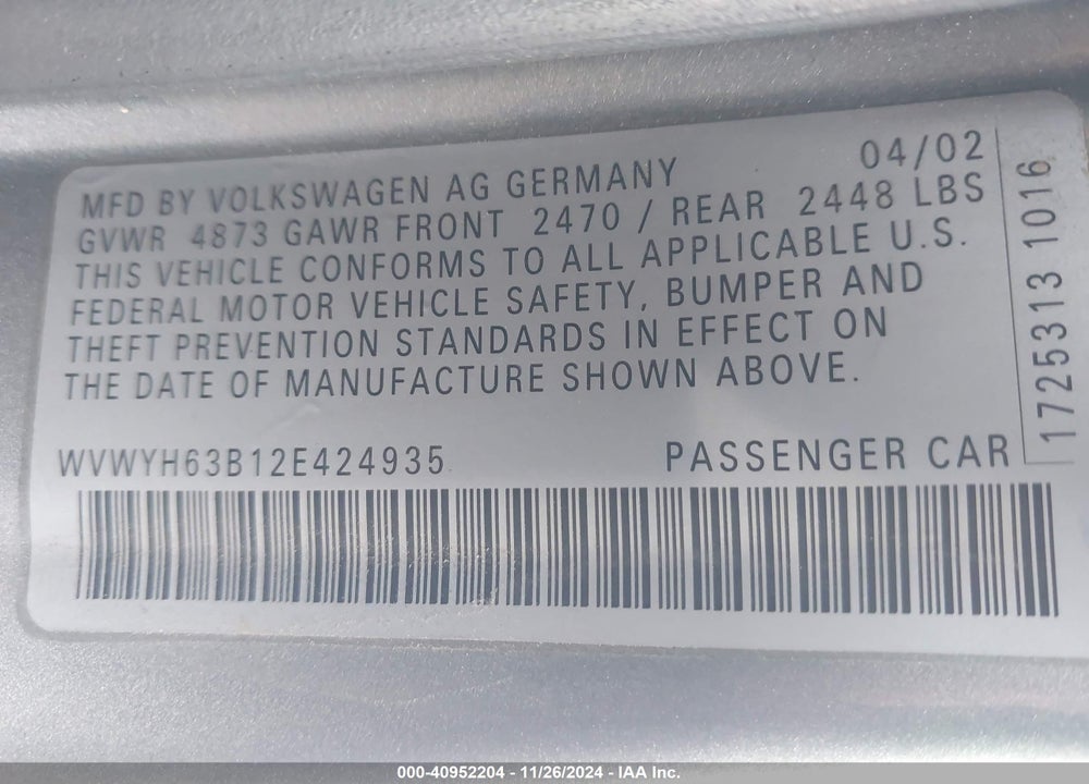 2002 VOLKSWAGEN PASSAT GLX VIN: WVWYH63B12E424935