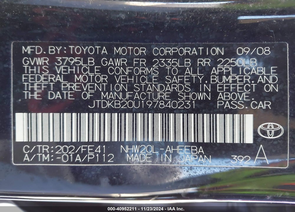2009 TOYOTA PRIUS VIN: JTDKB20U197840231