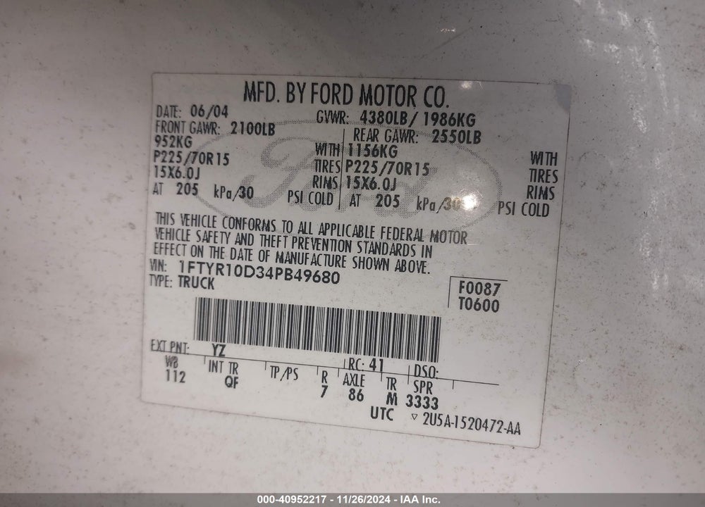 2004 FORD RANGER XL/XLT VIN: 1FTYR10D34PB49680