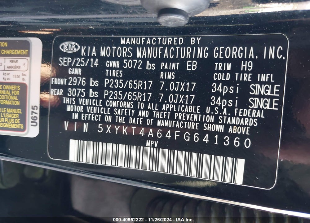 2015 KIA SORENTO LX VIN: 5XYKT4A64FG641360