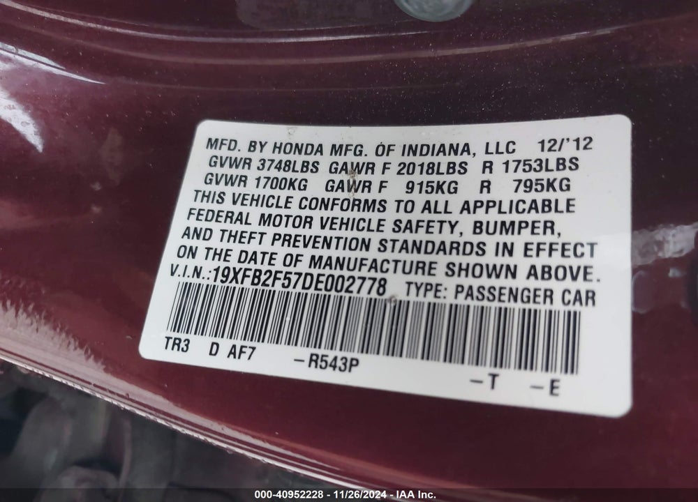 2013 HONDA CIVIC LX VIN: 19XFB2F57DE002778