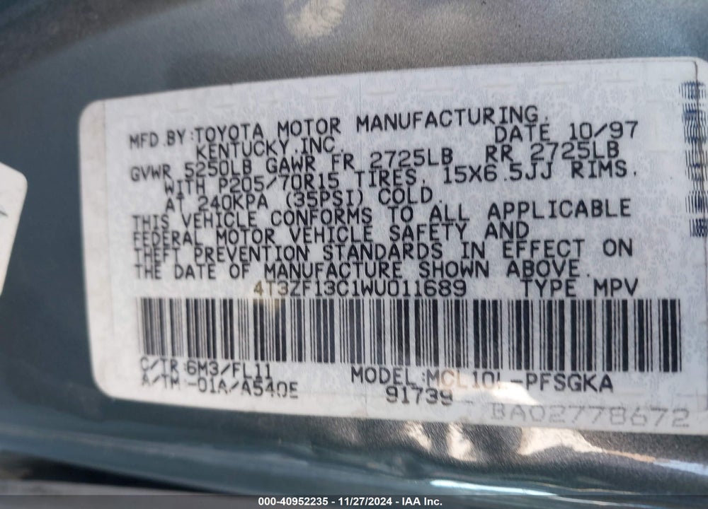1998 TOYOTA SIENNA LE VIN: 4T3ZF13C1WU011689