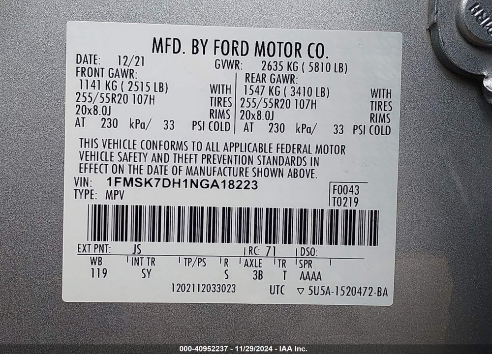 2022 FORD EXPLORER XLT VIN: 1FMSK7DH1NGA18223
