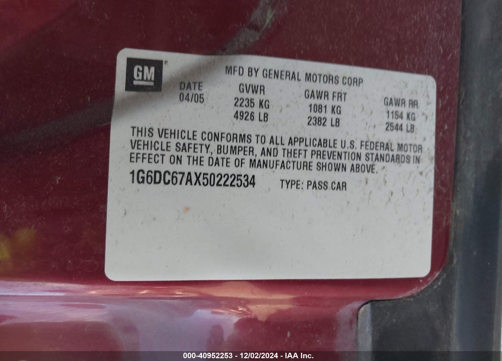2005 CADILLAC STS V8 VIN: 1G6DC67AX50222534