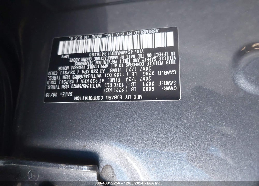 2020 SUBARU ASCENT TOURING VIN: 4S4WMARD2L3416480