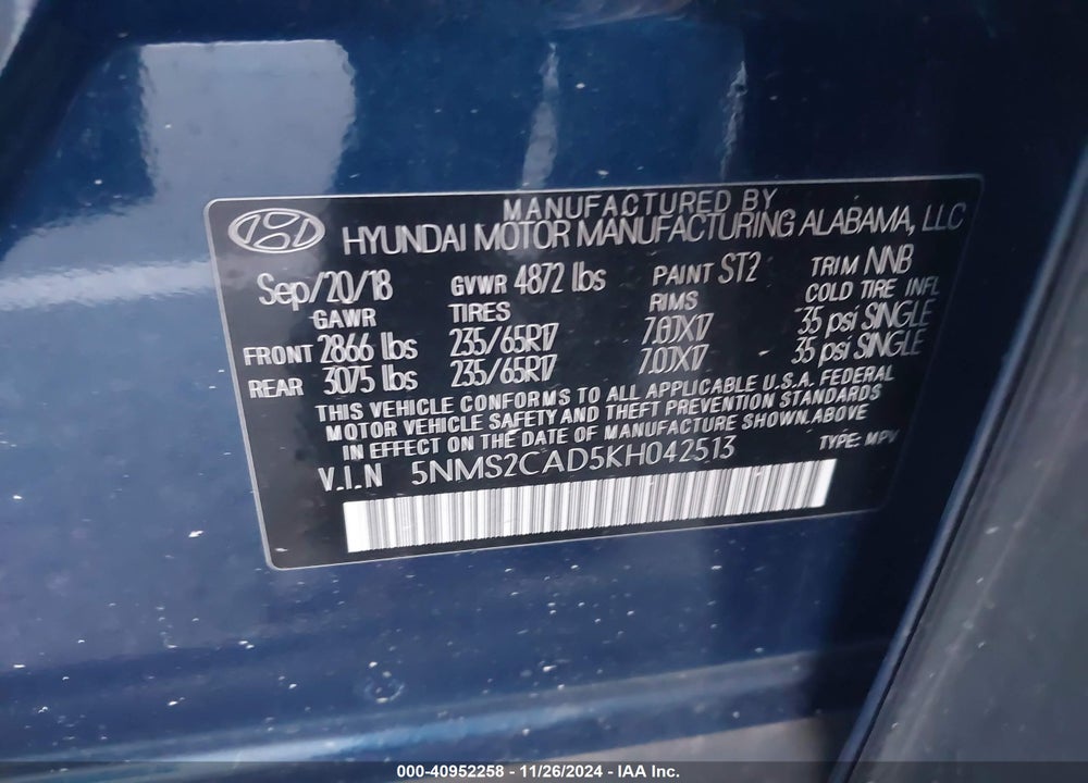 2019 HYUNDAI SANTA FE SE VIN: 5NMS2CAD5KH042513