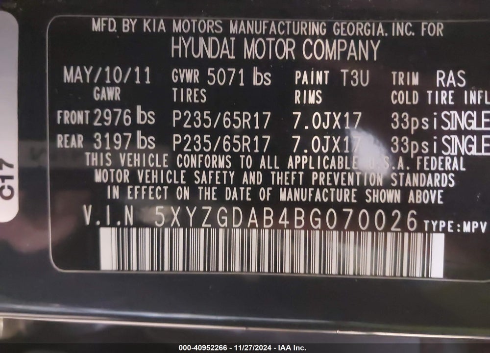 2011 HYUNDAI SANTA FE GLS VIN: 5XYZGDAB4BG070026
