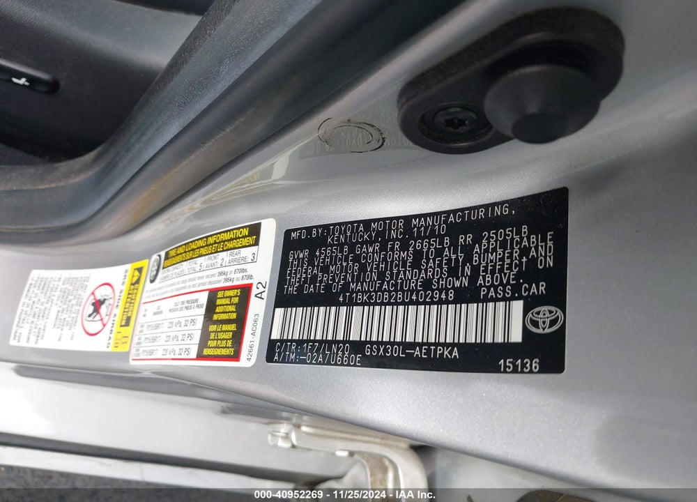 2011 TOYOTA AVALON LIMITED VIN: 4T1BK3DB2BU402948