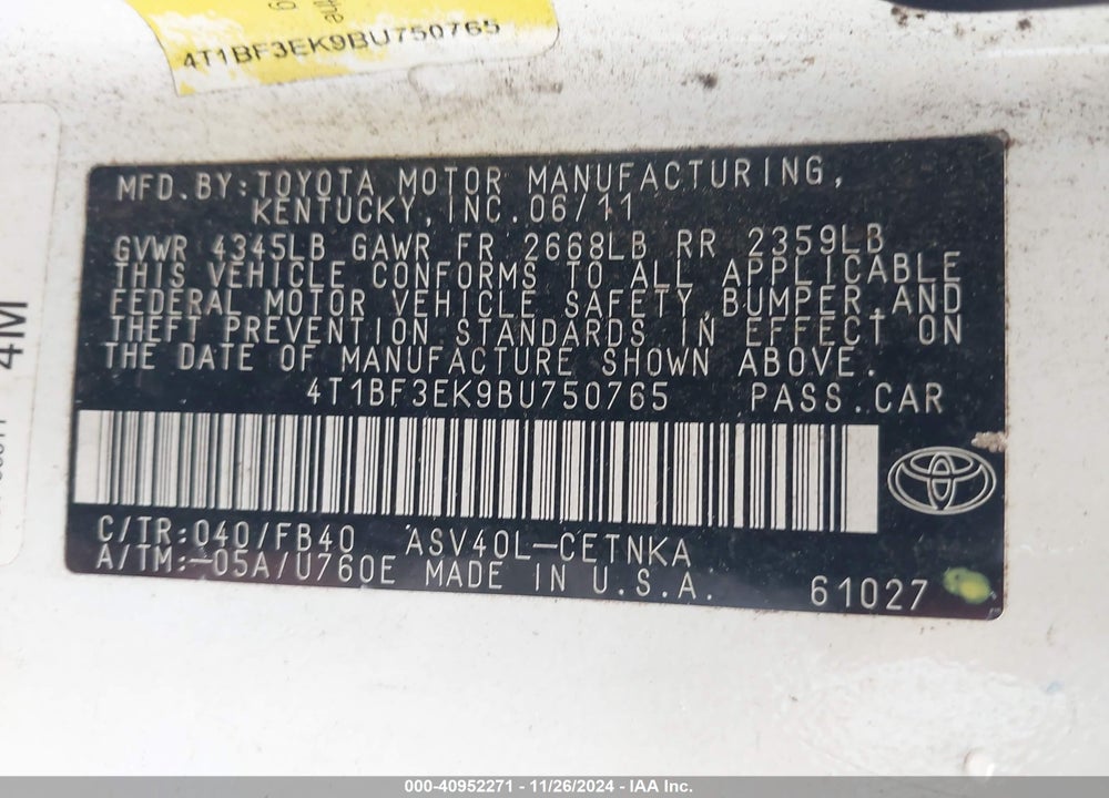 2011 TOYOTA CAMRY LE VIN: 4T1BF3EK9BU750765
