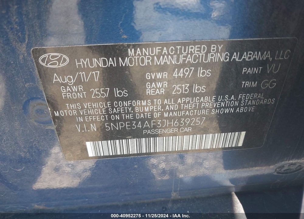 2018 HYUNDAI SONATA SEL VIN: 5NPE34AF3JH639257