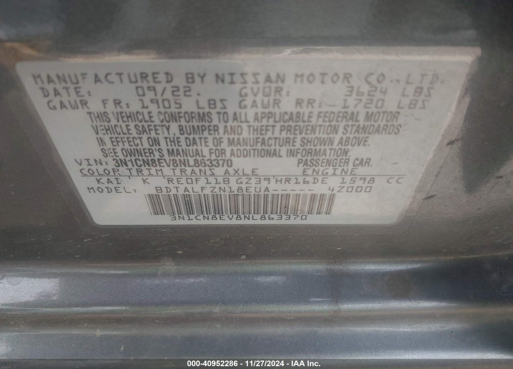 2022 NISSAN VERSA 1.6 SV XTRONIC CVT VIN: 3N1CN8EV8NL863370