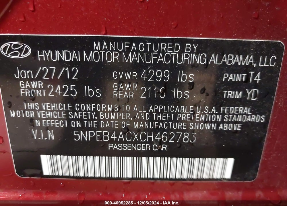 2012 HYUNDAI SONATA GLS VIN: 5NPEB4ACXCH462783