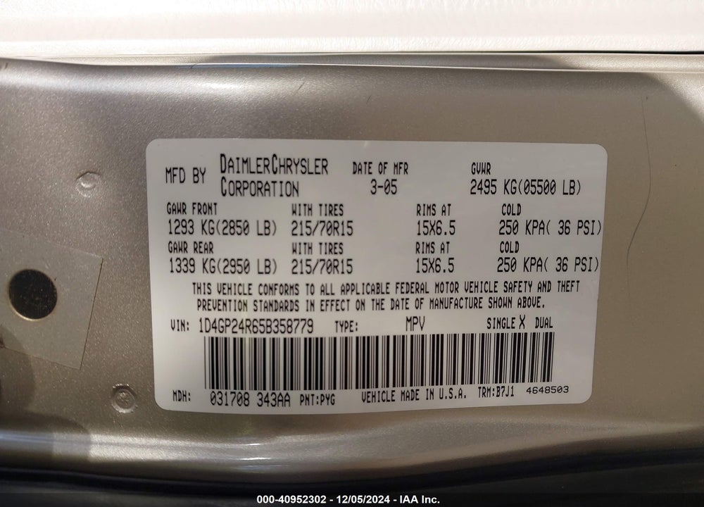 2005 DODGE GRAND CARAVAN SE VIN: 1D4GP24R65B358779