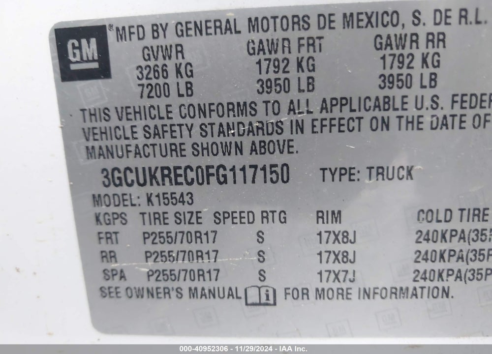 2015 CHEVROLET SILVERADO 1500 1LT VIN: 3GCUKREC0FG117150