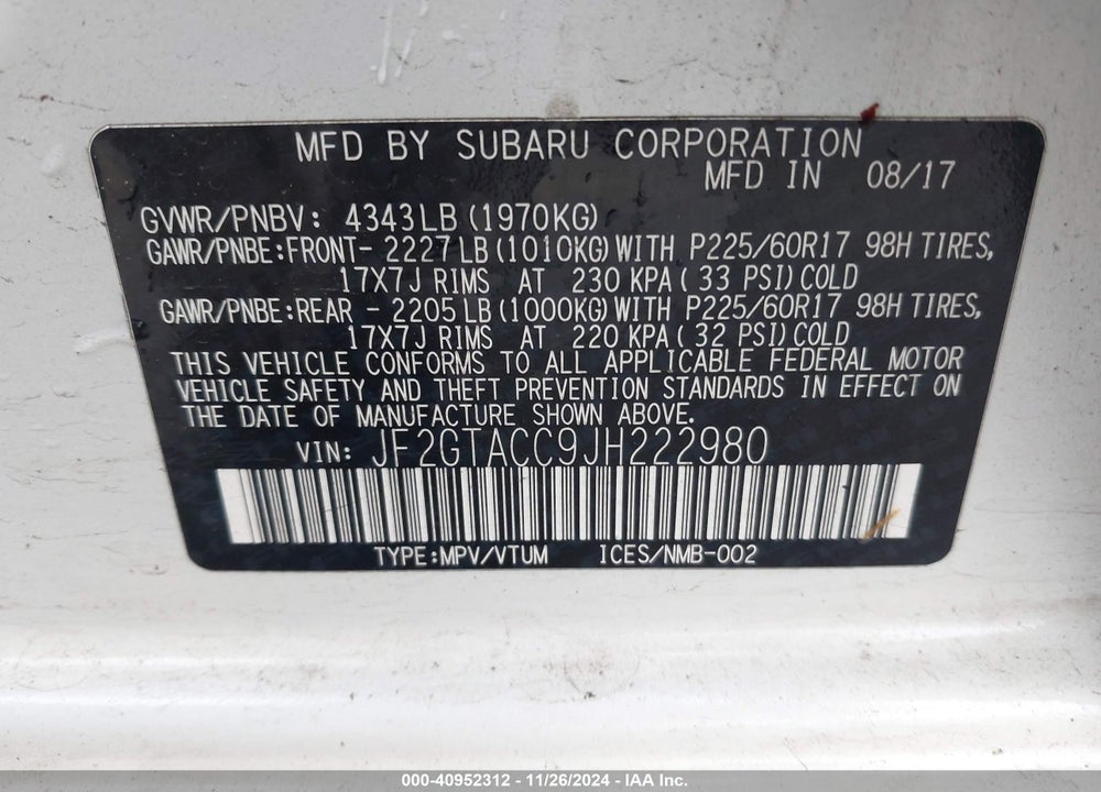 2018 SUBARU CROSSTREK 2.0I PREMIUM VIN: JF2GTACC9JH222980