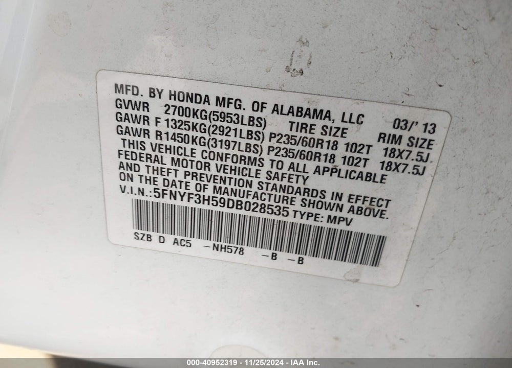 2013 HONDA PILOT EX-L VIN: 5FNYF3H59DB028535
