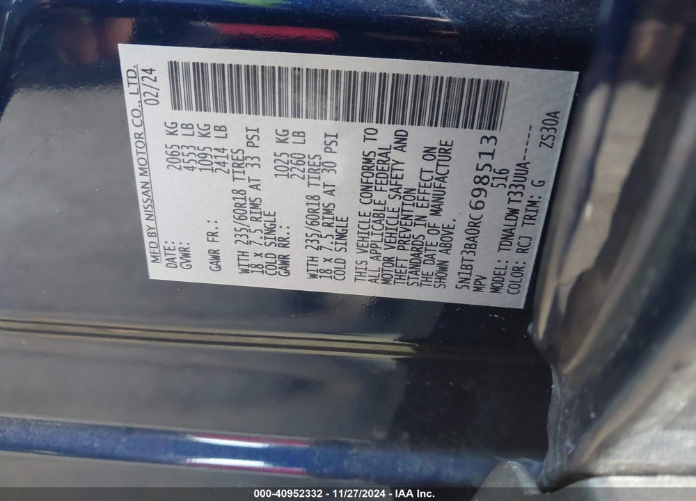 2024 NISSAN ROGUE SV FWD VIN: 5N1BT3BA0RC698513