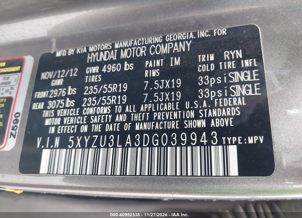 2013 HYUNDAI SANTA FE SPORT 2.0T VIN: 5XYZU3LA3DG039943