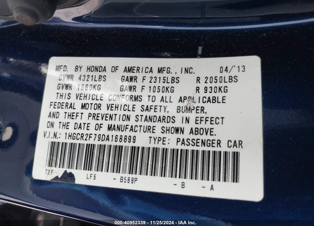 2013 HONDA ACCORD EX VIN: 1HGCR2F79DA168899