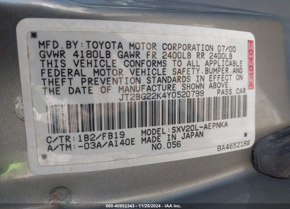2000 TOYOTA CAMRY LE VIN: JT2BG22K4Y0520799