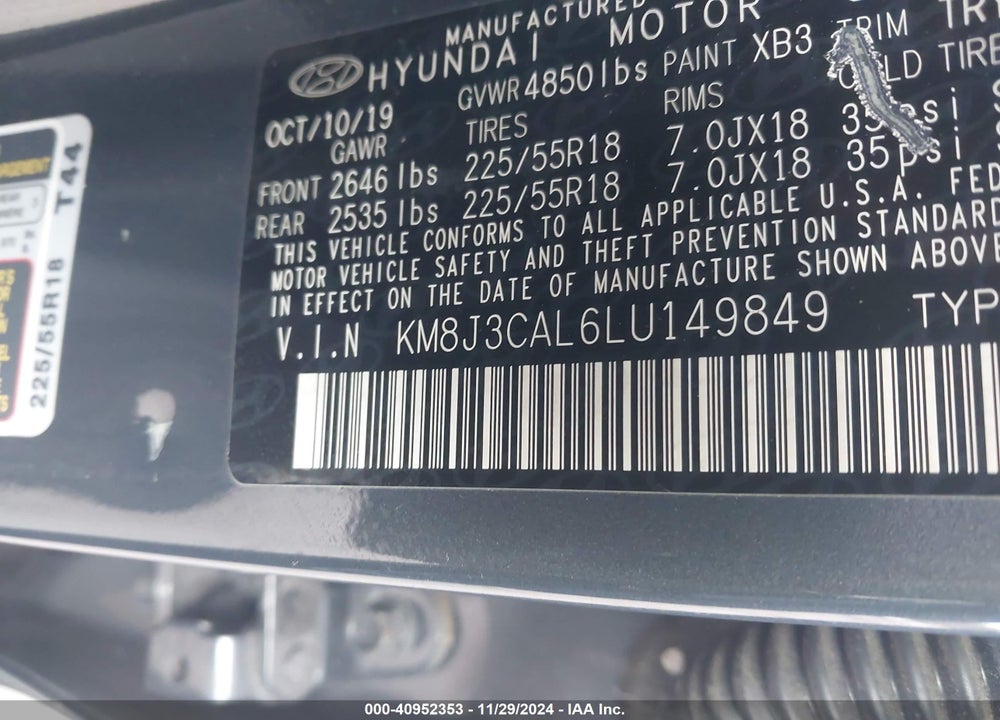 2020 HYUNDAI TUCSON SEL VIN: KM8J3CAL6LU149849