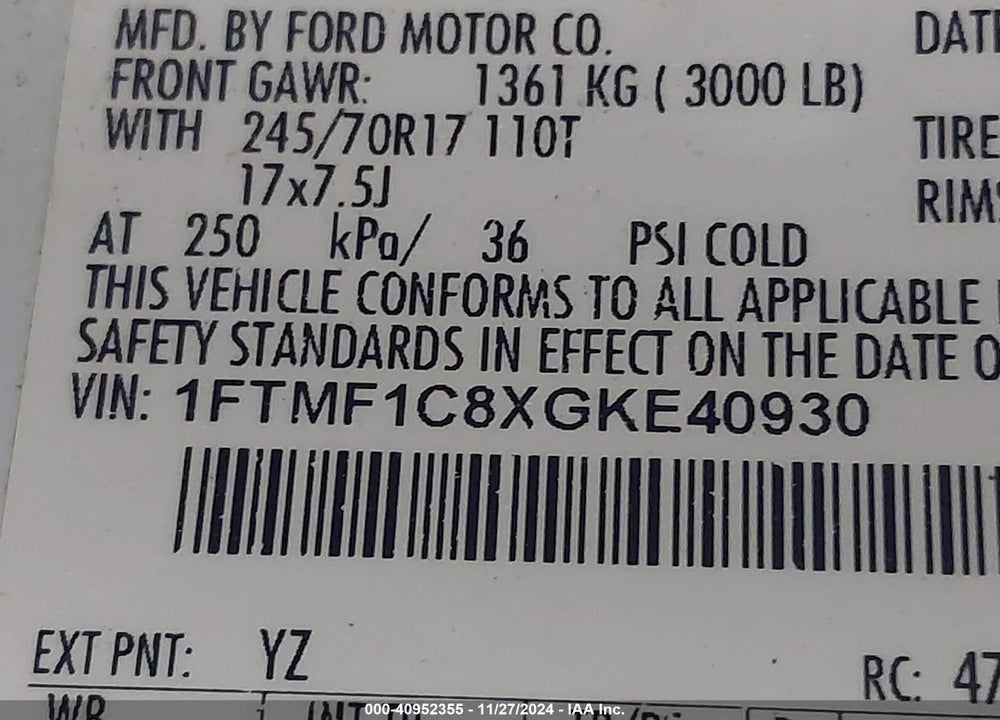 2016 FORD F-150 XL VIN: 1FTMF1C8XGKE40930