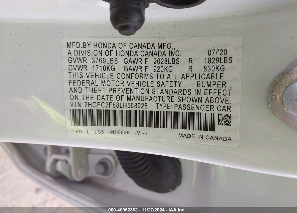 2020 HONDA CIVIC SPORT VIN: 2HGFC2F88LH568928