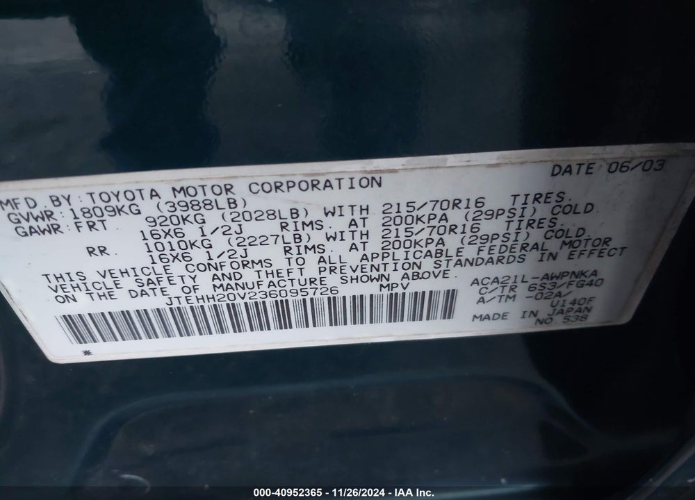 2003 TOYOTA RAV4 VIN: JTEHH20V236095726