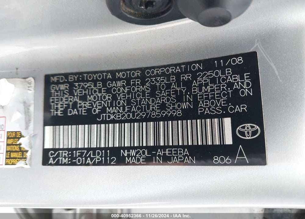 2009 TOYOTA PRIUS TOURING VIN: JTDKB20U297859998