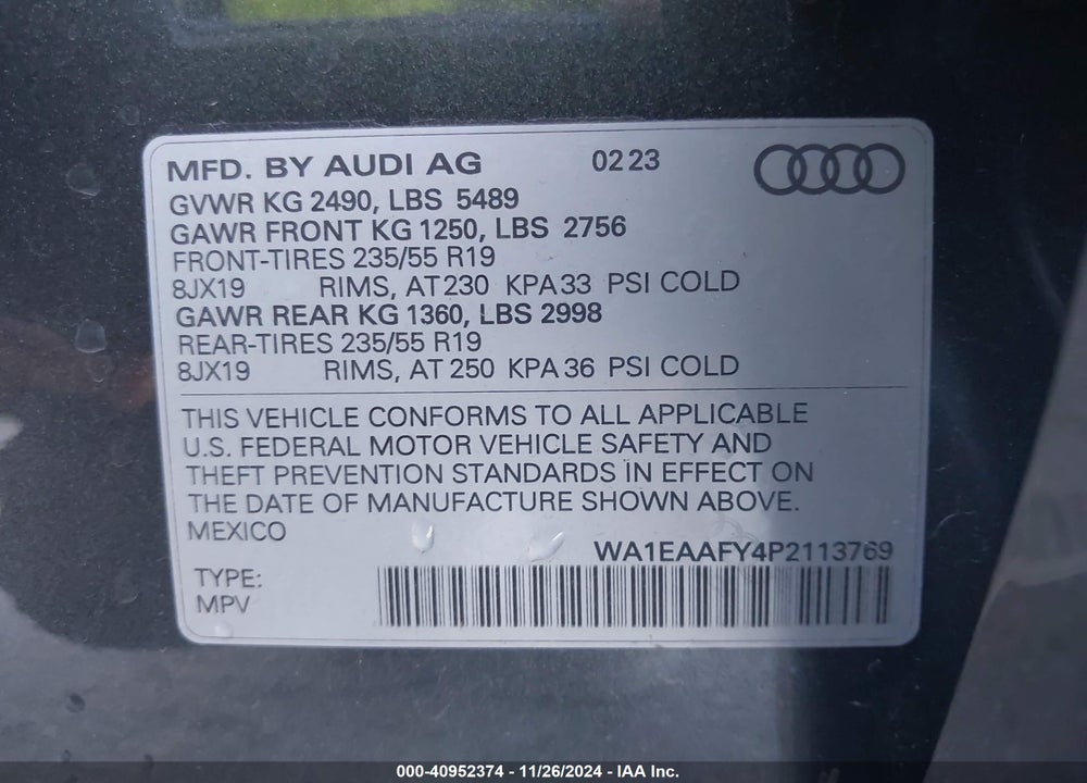2023 AUDI Q5 PREMIUM PLUS 45 TFSI S LINE QUATTRO VIN: WA1EAAFY4P2113769